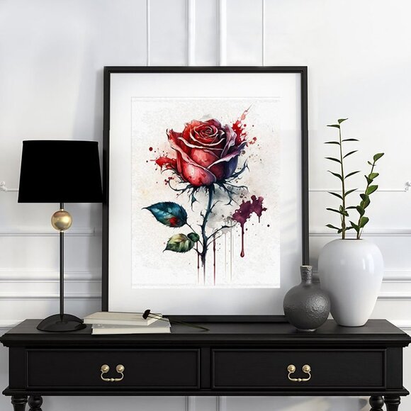 Beautiful Rose Illustration‎ Ink Splatter Art Watercolor Oil Painting Print - Picture 1 of 7